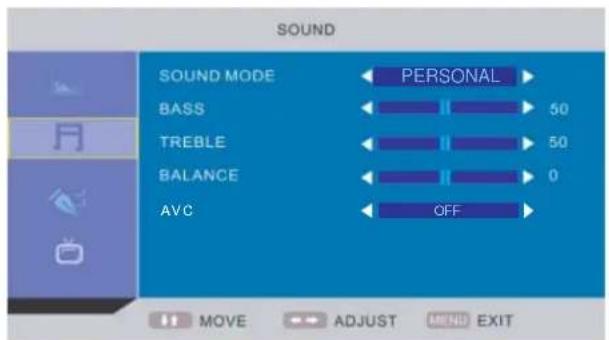 SOUND SOUND MODE BASS TREBLE BALANCE AVC PERSONAL 50 50 0 OFF MOVE ADJUST MEND EXIT