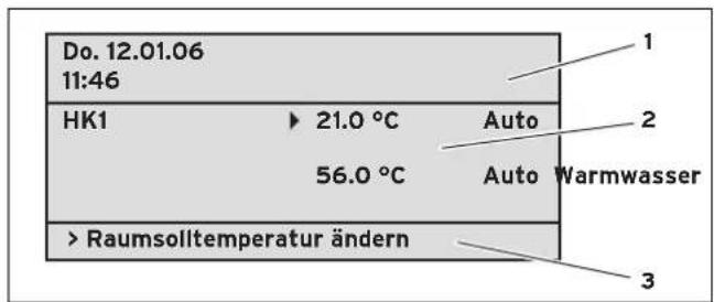 Do. 12.01.06 11:46 HK1 ▶ 21.0 °C Auto 56.0 °C Auto Warmwasser > Raumsolltemperatur ändern 1 2 3