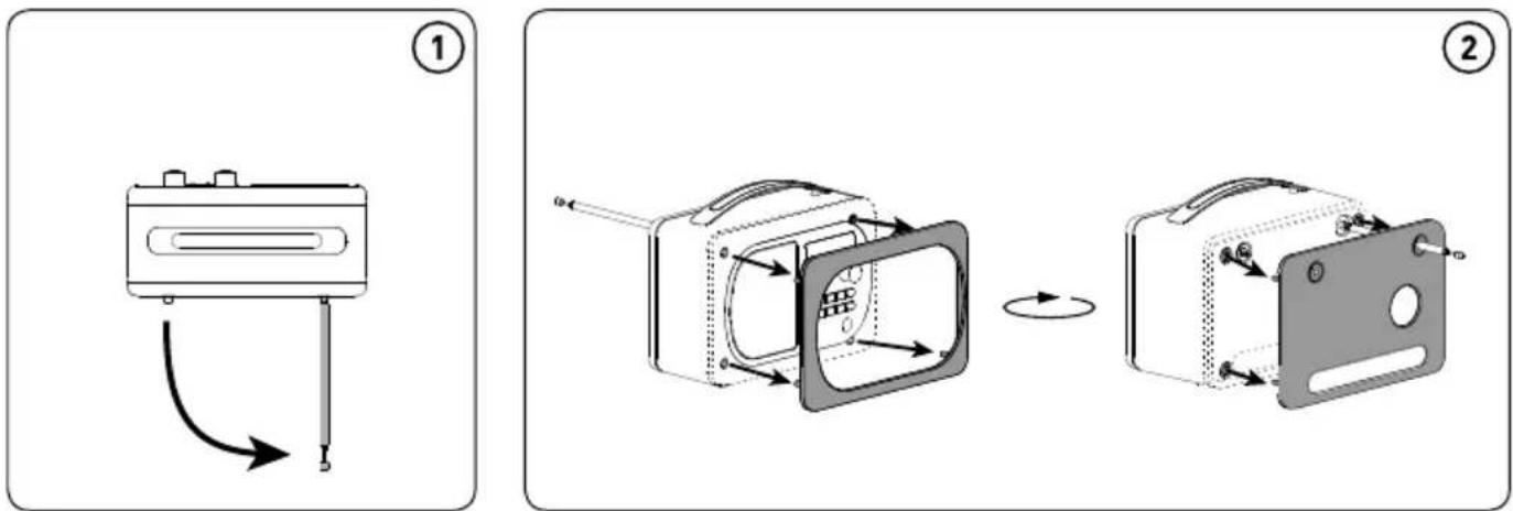 Diagram illustrating the step-by-step assembly of a device with labeled parts and directional arrows.