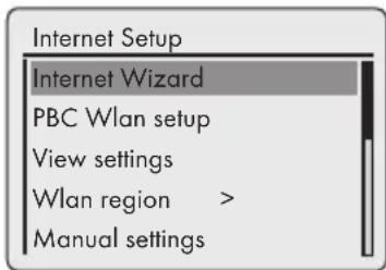 Internet Setup Internet Wizard PBC Wlan setup View settings Wlan region > Manual settings