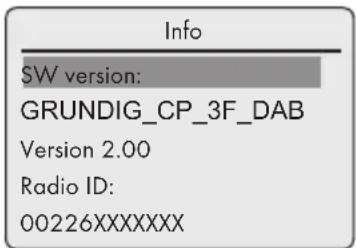 Info SW version: GRUNDIG_CP_3F_DAB Version 2.00 Radio ID: 00226XXXXXXXXX