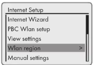 Internet Setup Internet Wizard PBC Wlan setup View settings Wlan region > Manual settings