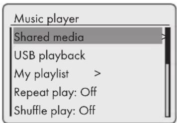 Music player Shared media USB playback My playlist > Repeat play: Off Shuffle play: Off