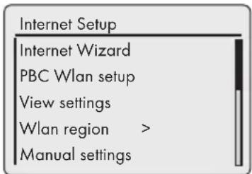 Internet Setup Internet Wizard PBC Wlan setup View settings Wlan region > Manual settings
