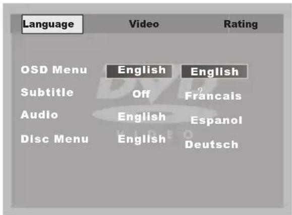 Language Video Rating OSD Menu English English Subtitle Off Français Audio English Espanol Disc Menu English Deutsch