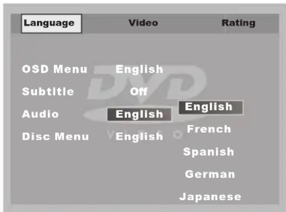 Language Video Rating OSD Menu English Subtitle Off Audio English Disc Menu English English French Spanish German Japanese