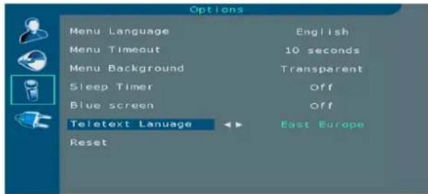 Options Menu Language English Menu Timeout 10 seconds Menu Background Transparent Sleep Timer Off Blue screen Off Teletext Language East Europe Reset