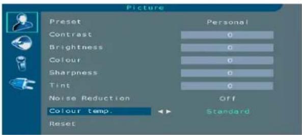 Picture Preset Contrast Brightness Colour Sharpness Tint Noise Reduction Colour temp. Reset Personal 0 0 0 0 Off Standard