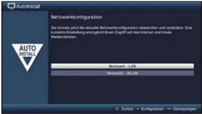 Autoinstall Netzwerkkonfiguration Sie können jetzt die aktuelle Netzwerkkonfiguration überprüfen und verändern. Eine korekte Einstellung ermöglicht Ihnen Zugriff auf das Internet und lokale Mediendanteien. AUTO INSTALL Netzwerk - LAN Netzwerk - WLAN Zurück Konfiguraten Überspringen