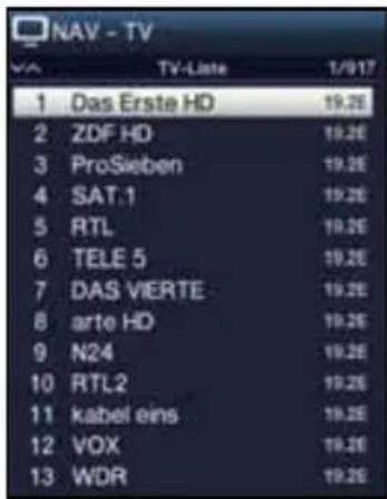 NAV - TV TV-Late 1/9/17 1 Das Erste HD 19.2E 2 ZDF HD 19.2E 3 ProSieben 19.2E 4 SAT.1 19.2E 5 RTL 19.2E 6 TELE 5 19.2E 7 DAS VIERTE 19.2E 8 arte HD 19.2E 9 N24 19.2E 10 RTL2 19.2E 11 kabel eins 19.2E 12 VOX 19.2E 13 WDR 19.2E