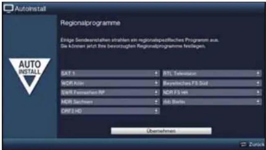 Autoinstall Regionalprogramme Einige Sondereinstalten strahlen ein regionalspezifisches Programm aus. Sie können jetzt bitte bereizugten Regionalprogramme festlagen. SALT 1 WDR Auto NOR Farmwaren RP MDR Sachsen OMT 2 HD RTL Telekom Bayesichces F8 Guß NOR FS HH Mib Barles Überwechsel