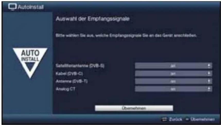 Autoinstall Auswahl der Empfangssignale Bitte wählen Sie aus, welche Empfangssignale Sie an das Gerät anschließen. AUTO INSTALL Satelltenanterne (DVB-5) Kabel (DVB-C) Antenna (DVB-T) Analog CT Abemehmen Zurück Übernehmen