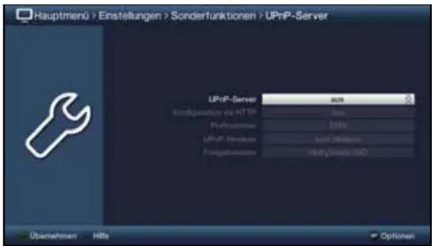 Hauptmenü > Einstellungen > Sonderfunktionen > UPnP-Server UPnP-Server www.eustellung.eu HTTP http://www.it/ UPnP-Service http://www.it/ Portgabekasse http://www.it/ Übernehmer HBe Options