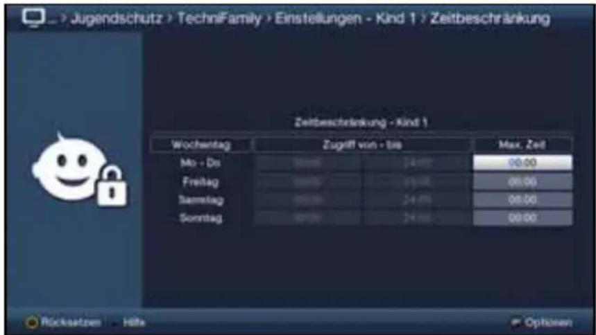 Jugendschutz > TechniFamily > Einstellungen - Kind 1 > Zeitbeschränkung Zeitbeschränkung - Kind 1 Wochentag Zugriff von - bis Max. Zed Mo - Do 24 mm 00:00 Freitag 24 mm 00:00 Sonntag 24 mm 00:00 Sonntag 24 mm 00:00 Röcksatzen - Hella Options