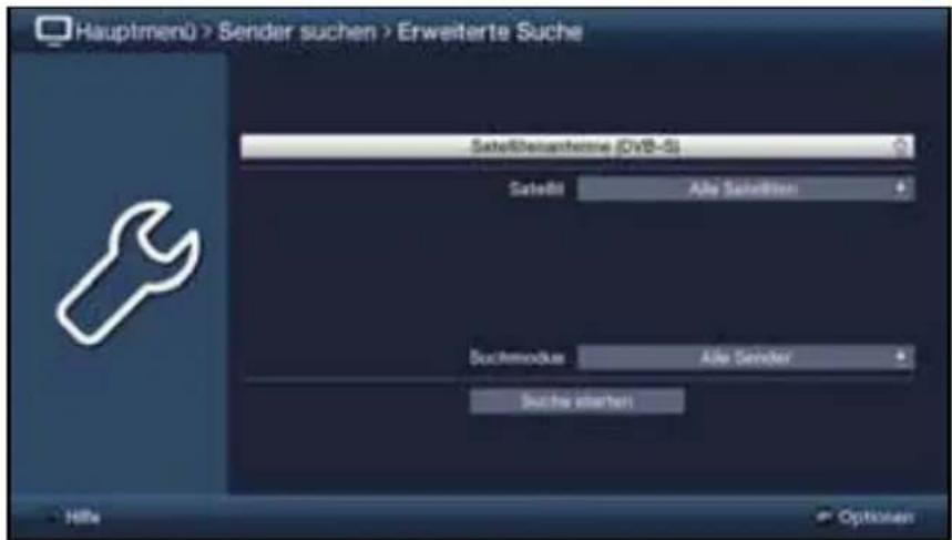 Hauptmenü > Sender suchen > Erweiterte Suche Satellbenantheine (DVB-S) Satell Alle Satellbese Sachmodus Alle Sendeter Such har unterhalt Hills Options