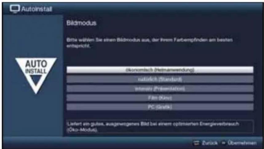 Autoinstall Bildmodus Bitte wählen Sie einen Bildmodus aus, der ihrem Farbempfinden am besten entspricht. ökonomisch (Heinmanwendung) natürlich (Standard) intervy (Präsentations) Färn (Klöv) PC (Grätk) Liefert ein gußes, ausgewogenes Bild bei einem optisierten Energieverbrauch (Ökau-Modus) Zurück Übernehmen