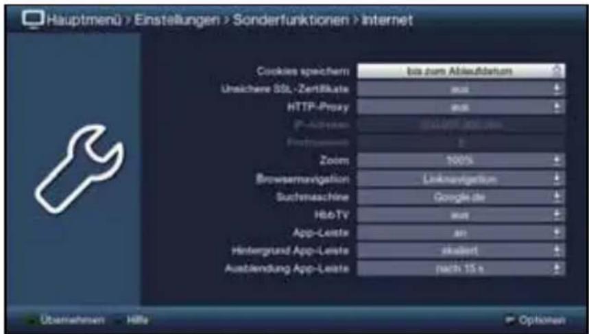 Hauptmenü > Einstellungen > Sonderfunktionen > Internet Cookies speichern bis zum Ablaufdatum Unsichere SSL - Zertifikate 200% HTTP-Proxy 200% P-Connector 200% (100%) Fintrooswelt Zoom 100% Browsenavigation Linknavigation Suchmachine Google die HbbTV 200% App-Leistte 200% Hintergrund App-Leistte skuliert Ausblendung App-Leistte nach 15 s Übernehmen - Hille Options