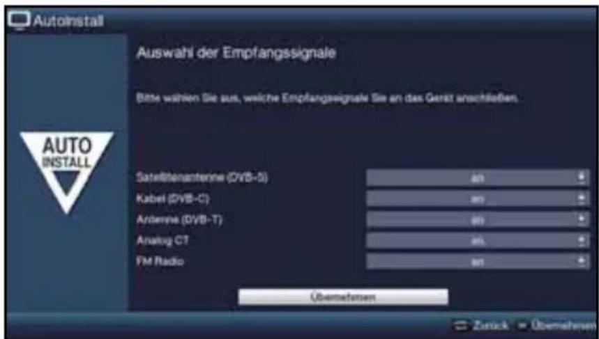 Autoinstall Auswahl der Empfangssignale Bitte wählen Sie aus, welche Empfangssignale Sie an das Gerät anschließen. AUTO INSTALL Satelltenanterne (DVB-5) Kabel (DVB-C) Antenna (DVB-T) Analog CT FM Radio Abemehangen Zurück > Übernehangen