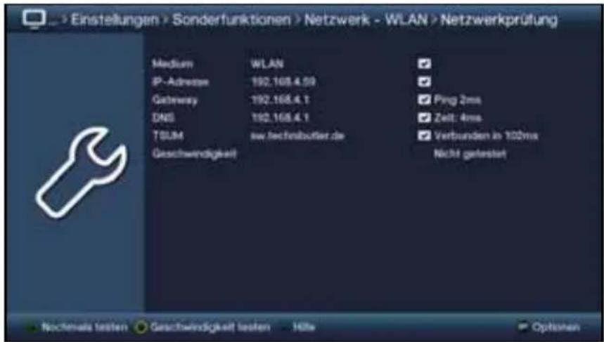 > Einstellungen > Sonderfunktionen > Netzwerk - WLAN > Netzwerkprüfung Medium WLAN IP-Address 192.168.4.59 Gateway 192.168.4.1 DNS 192.168.4.1 TSLM sw.technibutler.de Geschwindigkeit ✓ Ping 2ms ✓ Zeit: 4ms ✓ Verbunden in 100ms Nicht getestert Nochmals testen Geschwindigkeit testen Hiße Options
