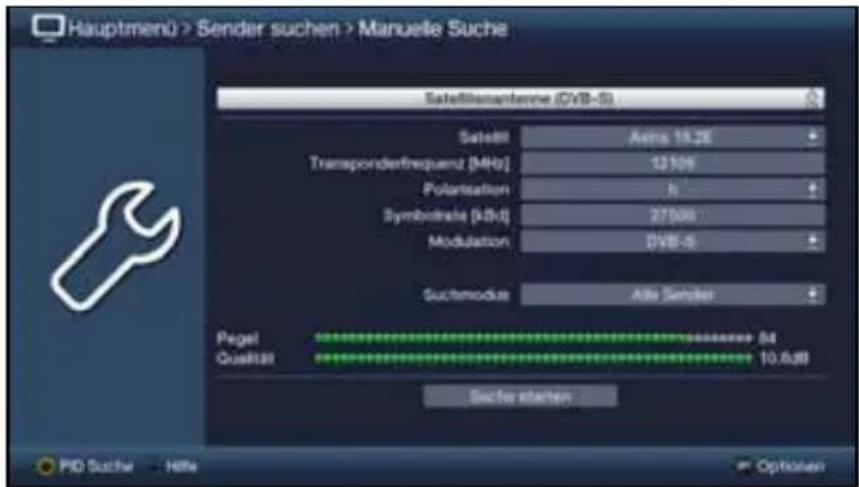 Hauptmenü > Sender suchen > Manuelle Suche Satellionantenne (DVB-5) Satellil Aetra 19.2E Transponderfrequenz [MHz] 12106 Polarisation N Symbolis [kB/d] 27500 Modulation DVB-5 Suchmodus Alle Sembler Pagel Qualität 84 10.6,88 Sachos starten PID Suche - Hitle Options