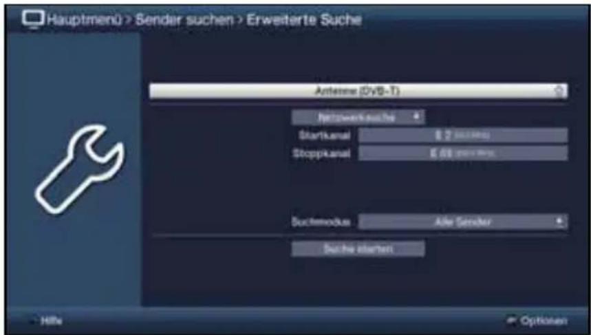 Hauptmenü > Sender suchen > Erweiterte Suche Antenna (DVB-T) Networksuche Startkanal 8.2 (davon) Stopkanal 6.01 (davon) Sachmodus Alle Sender Due har aftertest Hills Optionen