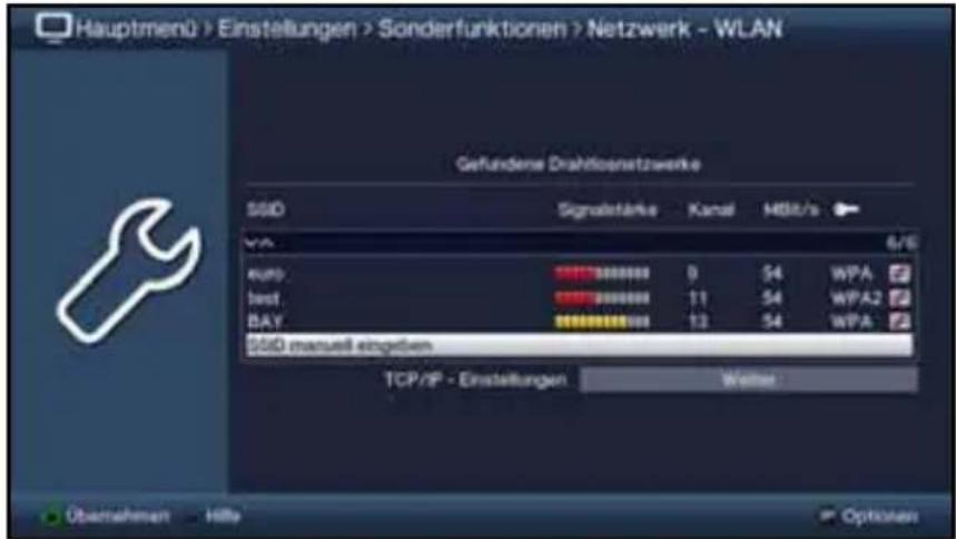 Hauptmenü > Einstellungen > Sonderfunktionen > Netzwerk - WLAN Gefundene Drahtlosnetzwerke SSID Signalstärke Kanal MBR/s 6/8 KUN. 0 54 WPA best. 11 54 WPA2 BAY. 13 54 WPA SSID manuell eingeben TCP/IP - Einstellungen Weiter Übernehmen - Hilfe Options
