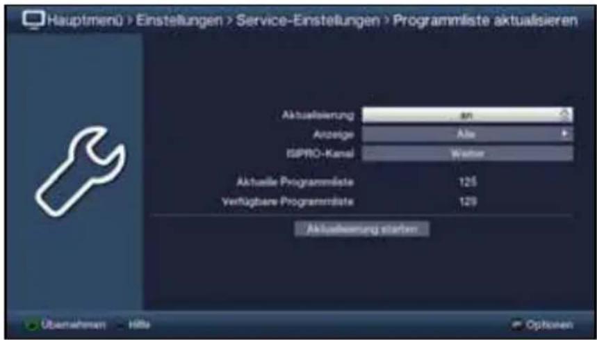 Hauptmenü > Einstellungen > Service-Einstellungen > Programmliste aktualisieren Aktualisierung Anzeige OSPRO-Kanal Aktuelle Programmliste Verfügbare Programmliste 125 129 Aktualisierung starten Überwehen Hills Options