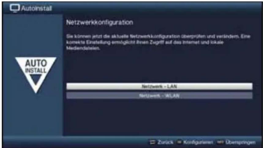 Autoinstall Netzwerkkonfiguration Sie können jetzt die aktuelle Netzwerkkonfiguration überprüfen und verändern. Eine komete Einstellung empöglich ihren Zugriff auf das Internet und lokale Mediendalsien. AUTO INSTALL Netzwerk - LAN Netzwerk - WLAN Zurück Konfigurieren Überspringen