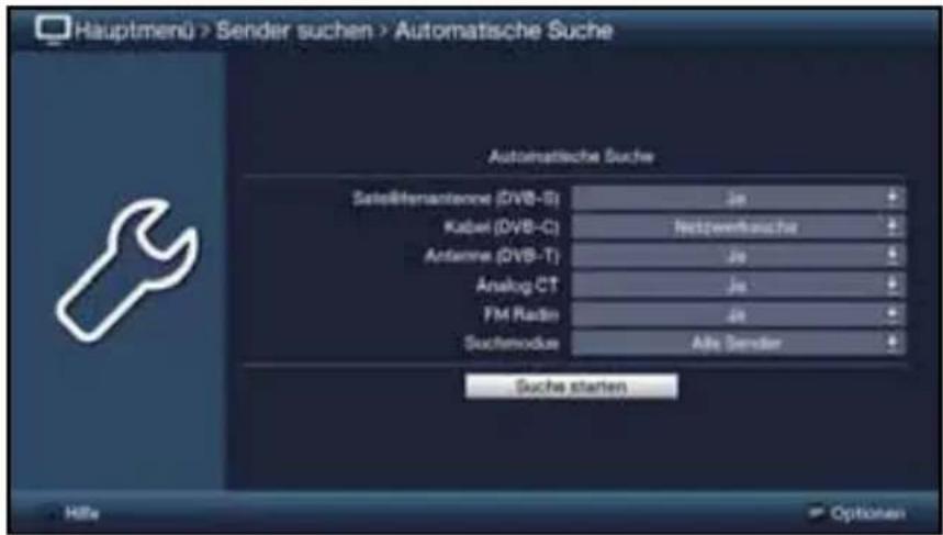 Hauptmenü > Sender suchen > Automatische Suche Automatiche Suche Satelliferanteone (DVB-T) Je Kabel (DVB-C) Netzwerkansuche Antenna (DVB-T) Je Analog CT Je FM Radio Je Suchmodus Ade Sender Suche starten Hillie Options