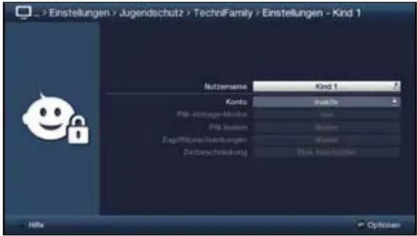 Einstellungen > Jugendschutz > TechniFamily > Einstellungen - Kind 1 Nutznahme Kind 1 Konto Saktie Fits Akzinger-Markos Fits Akzeman Zugeflichtungs-Berufungen Zertbeschränkung Muk, Ausfallklaus