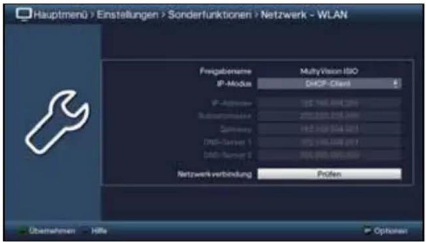 Hauptmenü > Einstellungen > Sonderfunktionen > Netzwerk - WLAN Freigabnahme IP-Modus MultiVision ISO DHCP-Client IP-Appellation 105.168.494.201 Subsystemline 200.300.205.200 Currency 142.300.304.201 DHCP-Server 1 105.168.494.201 DHCP-Server 2 105.300.304.200 Netzwerk verbindung Proifen Übemehmen Höfe Options
