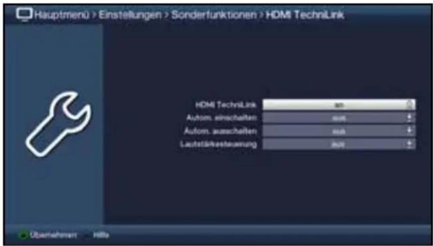Hauptmenü > Einstellungen > Sonderfunktionen > HDMI TechnLink HDMI TechnLink Autom. einschalten Autom. ausschalten Lachstärksteuerung