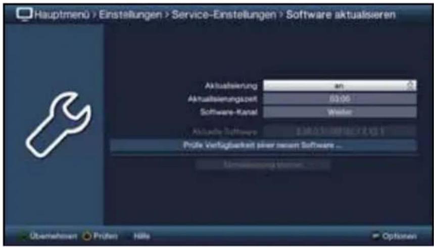 Hauptmenü > Einstellungen > Service-Einstellungen > Software aktualisieren Aktualsierung an Aktualsierungspert 63.06 Software-Kanal Wiener Aktuelle Software 2.38.0.5.100100+ 2.12.1 Proße Verfügbareit einer neuern Software ... Überleihemt Prüfen Hills Options