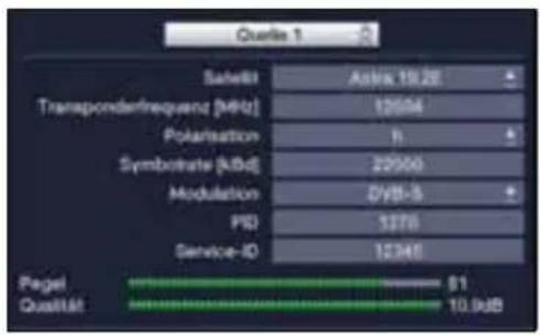 Quelle 1 Satellite Astre 19.2E Transponderfrequenz [MHz] 13604 Polarisation h Symbolate [kHz] 20000 Modulation DyB-5 PID 1378 Service-ID 12345 Pagel 81 Qualität 10.9dB