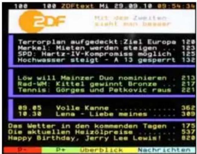 100 100 ZDFtext M1 29.09.10 09:54:36 ZDF Mit den Zweiten- sicht man besser Terrorplan aufgedeckt: Ziel Europa 128 Merkel: Mieten werden steigen ... 123 SPD: Hartz-IV-Kompromiss möglich 125 Hochwasser steigt - A 13 gesperrt 132 Löw will Mainzer Duo nominieren . 213 Rad-WM: Kittel gewinnt Bronze ... 217 Tennis: Görges und Petkovic raus 221 09.05 Volle Kanne .... 362 10.30 Lena - Liebe meines .... 309 Das Wetter in den kommenden Tagen . 175 Die aktuellen Heizölpreise .... 537 Happy Birthday, Jerry Lee Lewis! .. 820 P- P+ überblick Nachrichten