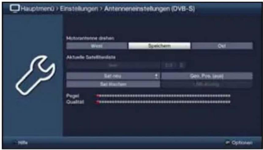 Hauptmenü > Einstellungen > Antenneneinstellungen (OVB-S) Motorantenne drehen West Speichem Ost Aktuelle Satellhandista Sat netu 4 Gob. Pte. lagej Sat Wachem 100 mm Pegel Qualität Hille Optionen