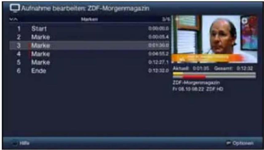 Aufnahme bearbeiten: ZDF-Morgenmagazin Marken 3/6 1 Start 0:00:00.0 2 Marke 0:00:05.4 3 Marke 0:01:30.0 4 Marke 0:04:55.2 5 Marke 0:12:27.1 6 Ende 0:12:32.0 Aktuell 0:01:35 Gesamt 0:12:32 ZDF-Morgenmagazin Fr 08.19 08:22 ZDF HD Hills Options