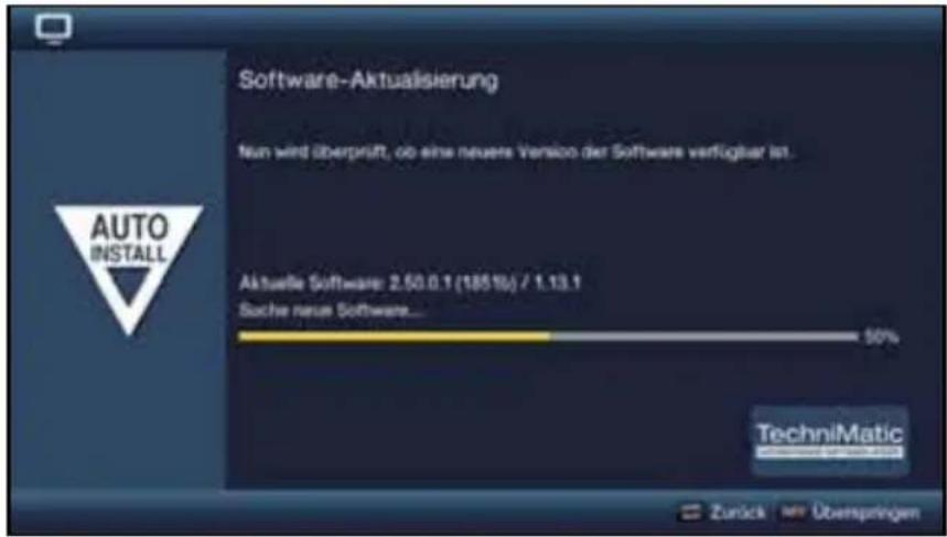 Software-Aktualisierung Nun wird überprüft, ob eine neuere Versico der Software verfügbar ist. Aktuelle Software: 2.50.0.1 (185%) / 1.13.1 Suche neue Software... 50% TechniMatic Zurück wir Überspringen