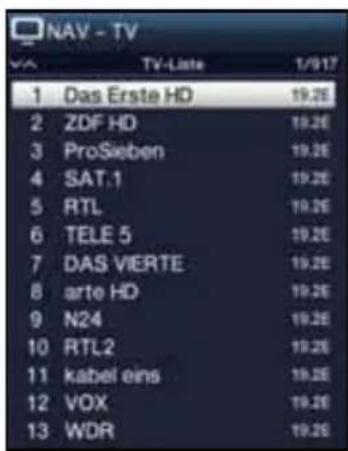 NAV - TV TV-Date 1/9/17 1 Das Erste HD 19.2E 2 ZDF HD 19.2E 3 ProSieben 19.2E 4 SAT.1 19.2E 5 RTL 19.2E 6 TELE 5 19.2E 7 DAS VIERTE 19.2E 8 arte HD 19.2E 9 N24 19.2E 10 RTL2 19.2E 11 kabel eins 19.2E 12 VOX 19.2E 13 WDR 19.2E