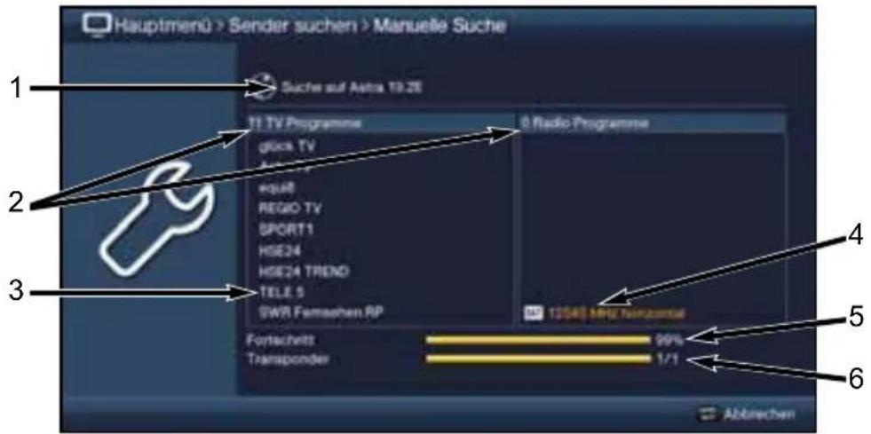 Hauptmenü > Sender suchen > Manuelle Suche Suche auf Astra 19.2E TV Programme glics TV #qu48 REGIO TV SPORT1 HSE24 HSE24 TREND TELE 5 SWR Farnsehen RP Fortschritt Transponder 0 Radio Programme 12546 MHz Transversal Abbrachen