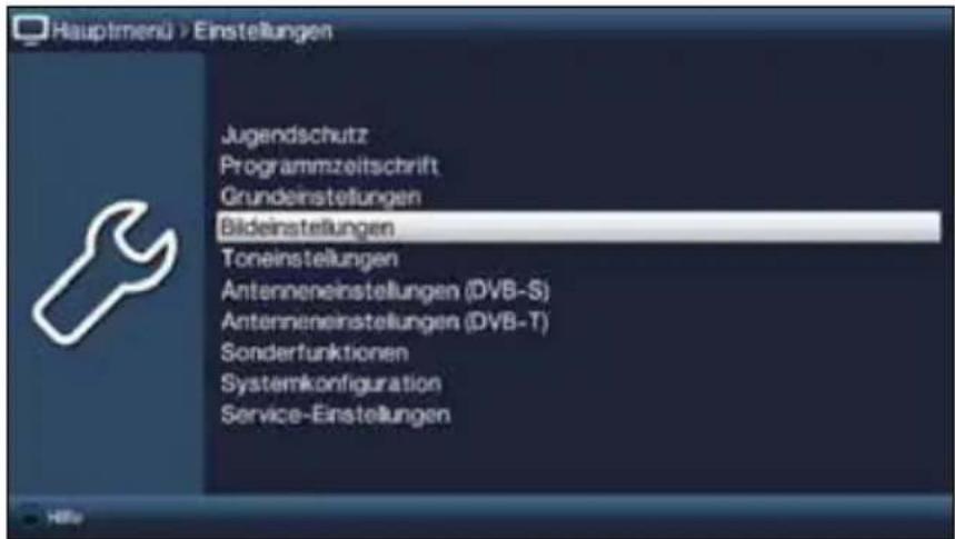 Hauptmenü > Einstellungen Jugendschutz Programmzeitschrift Grundeinstellungen Bildeinstellungen Toneinstellungen Antenneneinstellungen (DVB-S) Antenneneinstellungen (DVB-T) Sonderfunktionen Systemkonfiguration Service-Einstellungen