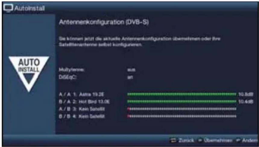 AutoInstall Antennenkonfiguration (DVB-S) Sie können jetzt die aktuelle Antennenkonfiguration übernehmen oder ihre Satelltenanterne selbst kündigungen. Multiferme: dSEqC: A / A 1: Astra 19.2E B / A 2: Hut Bird 13.0E A / B 3: Kein Satellit B / B 4: Kein Satellit aus an 10.8dB 10.4dB Zurück > Übernehmen > Andem