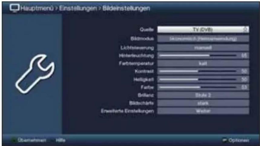 Hauptmenü > Einstellungen > Bädeinstellungen Quelle TV (5V8) Bödmodus (kronstisch (Hematzerwaltung)) Lichtsteuerung manseit Hinterleuchtung 64 Farbtemperatur kall Kontast 56 Helligkeit 50 Fattw 53 Bollanz Style 2 Bädecharfe stark Erwehrte Einstellungen Weiter Übernehmelt Hilfe Options