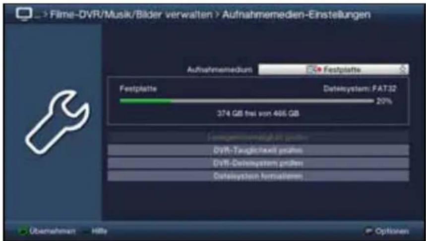 > Filme-DVR/Musik/Bilder verwalten > Aufnahmemedien-Einstellungen Aufnahmemedien Festplatte DataSystem: FAT32 374 GB frei von 466 GB Übernehmer - Hille Options