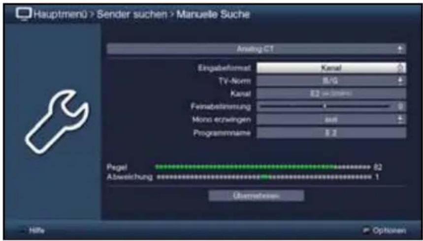 Hauptmenü > Sender suchen > Manuelle Suche Anfang C1 Eingabeformet Kanal TV-Norm 8/9 Kanal E2 (w/m/min) Fenabstehmung Mono erzwengen 800 ProgrammeName 5.2 Pagel 82 Abweichung 1 Übernehmens Hilfe Options