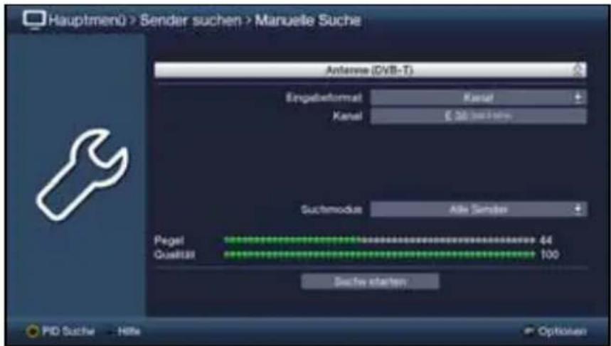 Hauptmenü > Sender suchen > Manuelle Suche Antenna (DVB-T) Eingebetformat Kanal Kanal € 200 mm Suchmodus Alle Sumsbes Pegel 44 Qualität 100 Die für stachen PID Suche - Hitie Options