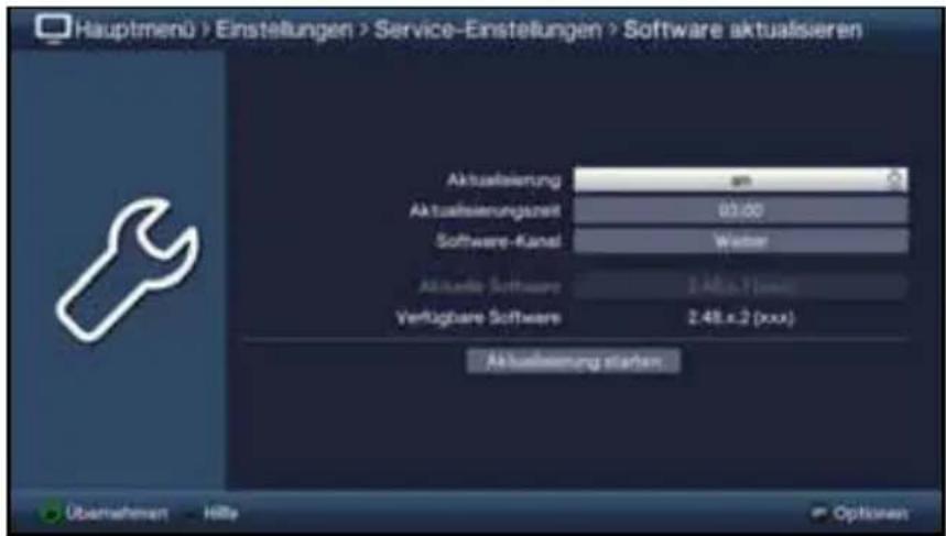 Hauptmenü > Einstellungen > Service-Einstellungen > Software aktualisieren Aktualisierung am Aktualisierungszelt 03.00 Software-Kanal Wasser Aktuelle Software 2.48.x.1 (xxx) Verfügbare Software 2.48.x.2 (xxx) Aktualisierung starten Übernehmen Hilfe Optionset