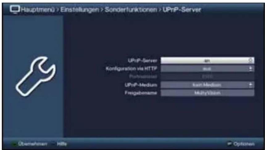 Hauptmenü > Einstellungen > Sonderfunktionen > UPnP-Server UPnP-Server an Kofiguration via HTTP msx Postretainer RTM UPnP-Medium kain Medium Presetename Multiplatin Übernehmer Hille Options