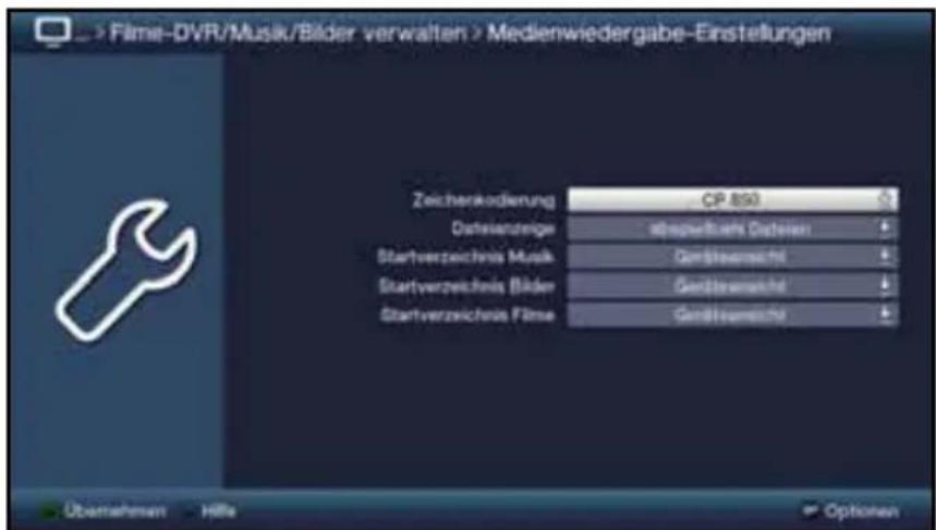 > Filme-DVR/Musik/Bilder verwalten > Medienwiedergabe-Einstellungen Zeicherkodierung CP 850 Ostehenträge abgewinnem Datenen Startverzeichnis Musik Gerästeuernicht Startverzeichnis Bilder Gerästeuernicht Startverzeichnis Filme Gerästeuernicht Überahmen Hilfe Options