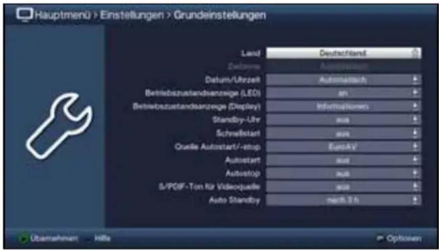 Hauptmenü > Einstellungen > Grundeinstellungen Land Deutschland Zahlung Automotive Datum/Ukrzeil Automatisch Betriebszustandsanzeige (LED) an Betriebszustandsanzeige (Display) Informationers Standby-Uhr aus Schrellstart aus Quelle Autostart/-stop EuroAV Autostart aus Autostop aus S/PDIF-Tom für Videoguille aus Auto Standby nach 3 h Übernahmen - Hille Options
